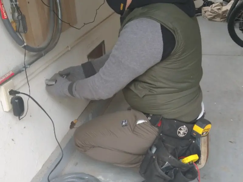 Electrician performing outlet wiring in a Cullman garage